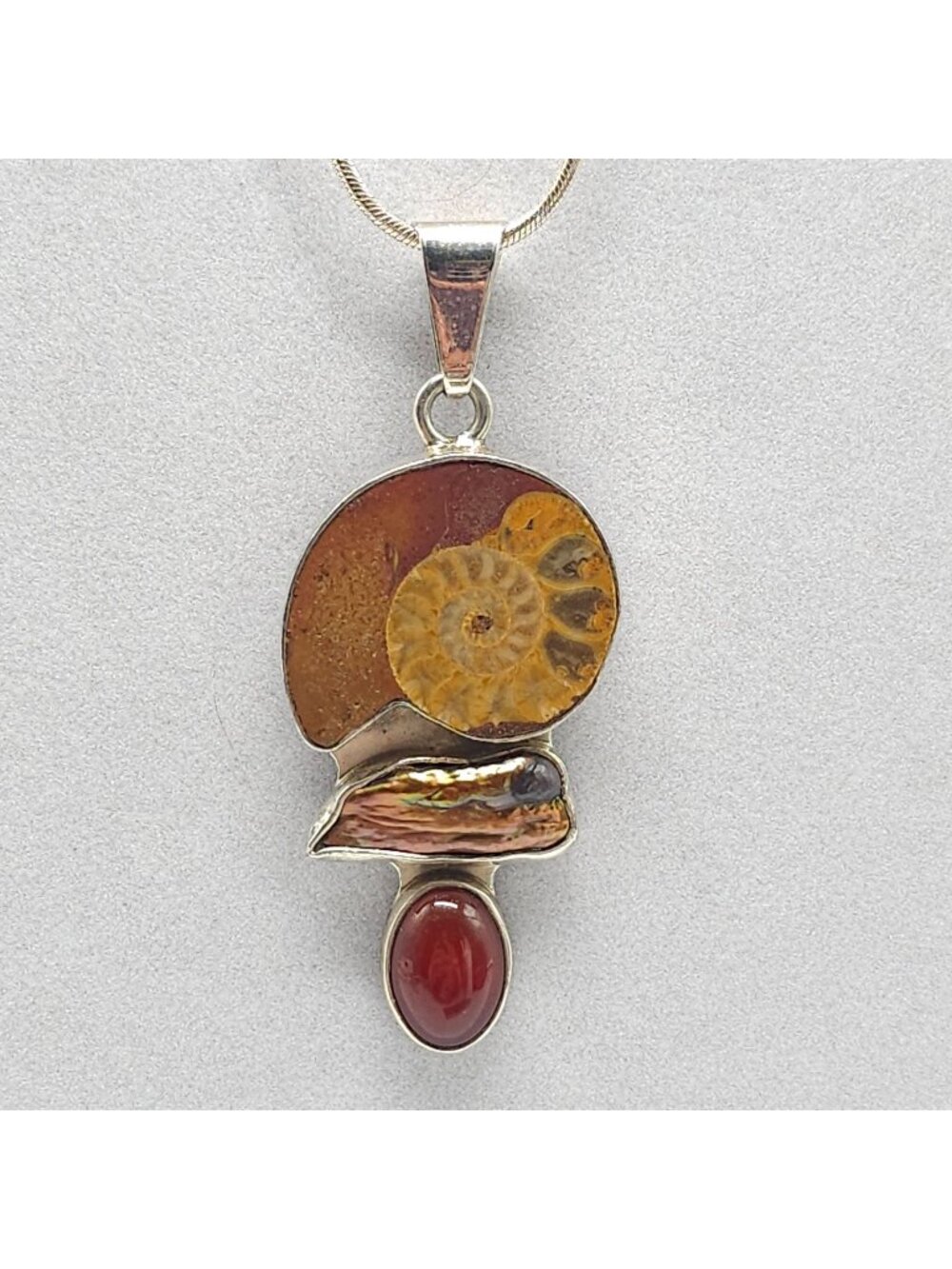 Ammonite Fossil Abalone Carnelian Sterling Silver Pendant Necklace With Chain